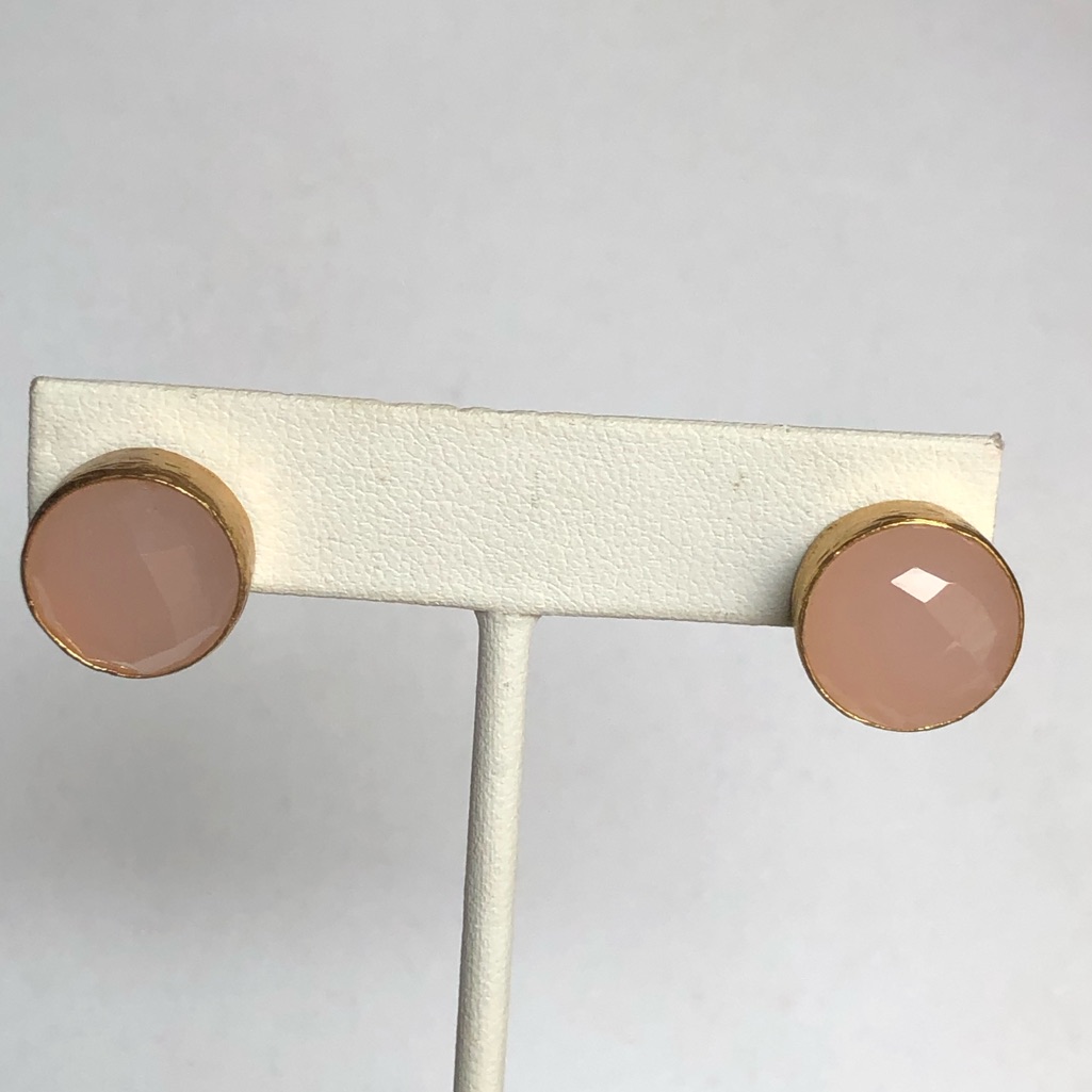 Faceted Checkerboard Face Pink Chalcedony In Gold Stud Earrings